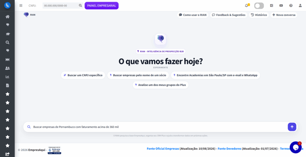 Tela de pesquisa do EmpresAqui com filtros para criar listas de empresas por faturamento Tela de pesquisa do R.I.A.N., inteligência artificial do EmpresAqui, para apoiar a criação de listas de empresas por faturamento na prospecção B2B.
