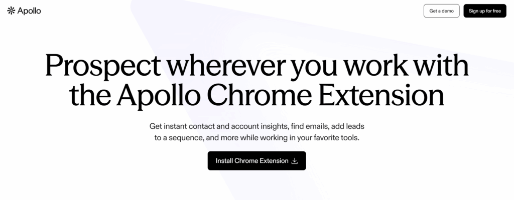 Apollo.io para prospecção comercial Página inicial do Apollo.io com recursos de prospecção comercial, pesquisa de empresas e geração de oportunidades de vendas.