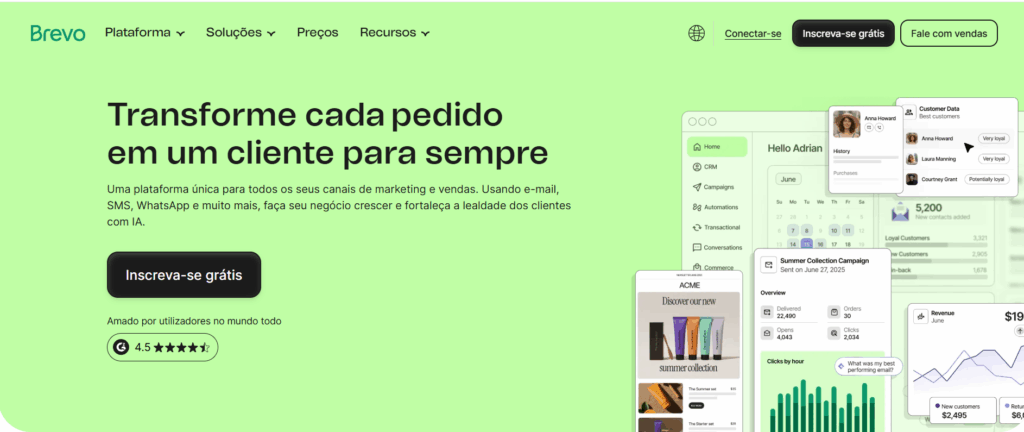 Página inicial da Brevo destacando recursos de e-mail marketing, automação e comunicação com clientes para prospecção e relacionamento.