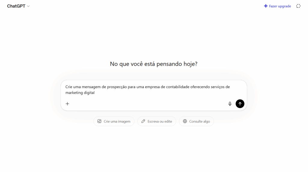 ChatGPT para prospecção de clientes Tela inicial do ChatGPT utilizada para geração de conteúdo, análise de informações e apoio à prospecção de clientes com inteligência artificial.