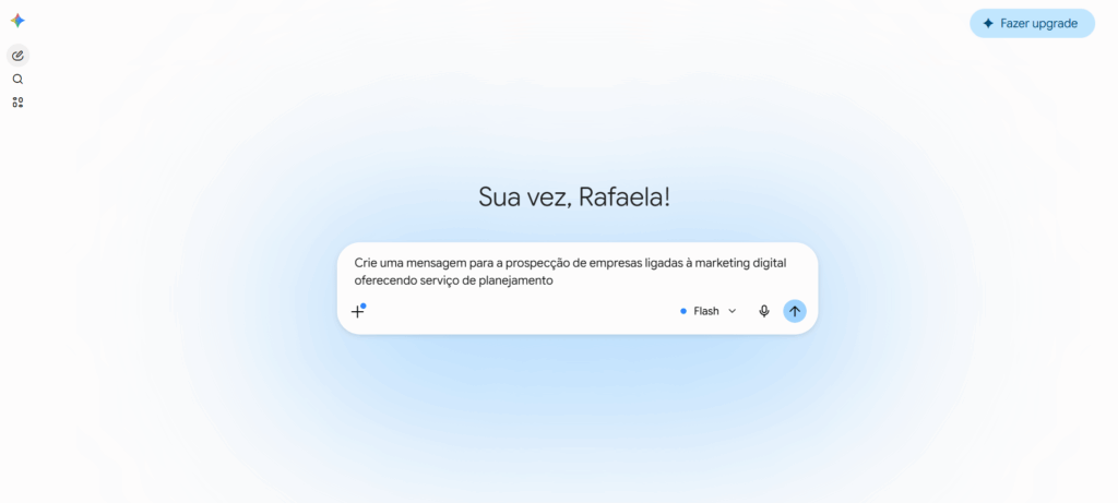 Gemini para geração de leads Página inicial do Gemini utilizada para pesquisas, geração de conteúdo e apoio à prospecção de clientes com inteligência artificial.