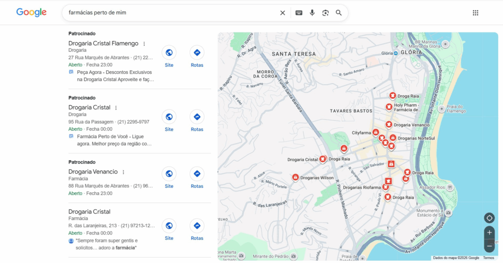 Google Meu Negócio para geração de leads Resultados de empresas exibidos no Google Meu Negócio com mapa e estabelecimentos locais utilizados para geração de leads e prospecção de clientes.