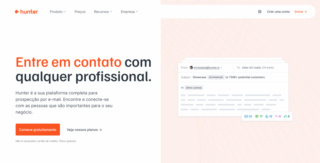 Hunter para enriquecimento de dados Página inicial do Hunter destacando recursos de busca e verificação de e-mails para prospecção de clientes e enriquecimento de dados.