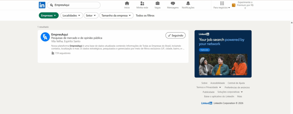 Linkedin para prospecção de clientes Pesquisa de empresa no LinkedIn utilizando filtros de segmentação para prospecção de clientes e geração de leads.