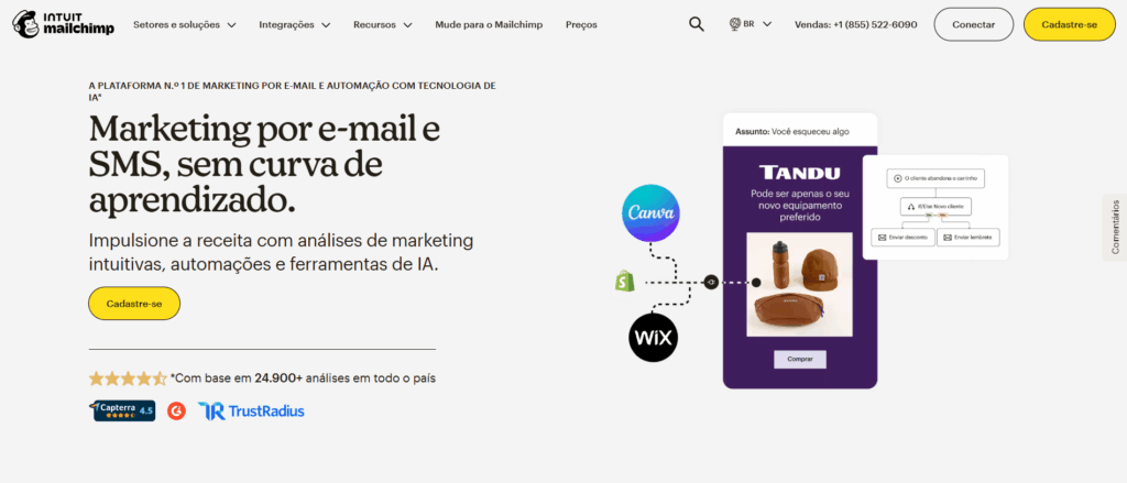 Mailchimp para e-mail marketing e prospecção Página inicial do Mailchimp apresentando recursos de e-mail marketing, automação e gestão de campanhas para prospecção de clientes.