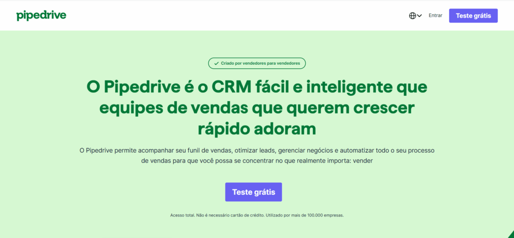 Pipedrive CRM para prospecção de clientes Página inicial do Pipedrive destacando recursos de CRM para gestão de vendas, leads e prospecção de clientes.