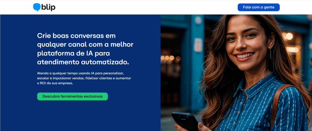 Take Blip para automação no WhatsApp Página inicial da Take Blip apresentando soluções de automação de conversas e atendimento via WhatsApp para empresas.