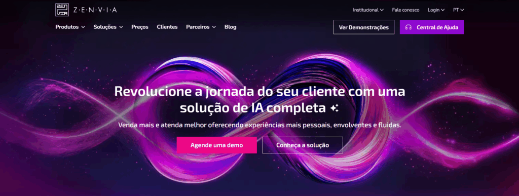 Zenvia para comunicação e prospecção Página inicial da Zenvia com soluções de comunicação empresarial e envio de mensagens pelo WhatsApp.