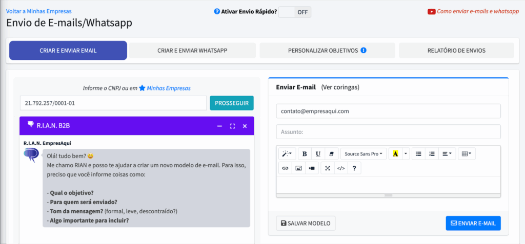 Envio de mensagens para prospecção B2B Funcionalidade de envio de e-mails e WhatsApp na plataforma EmpresAqui para prospecção de clientes