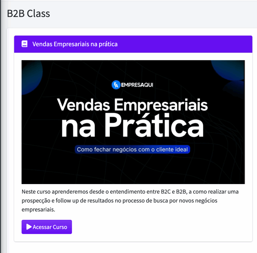 Página do curso Vendas Empresariais na Prática oferecido pela plataforma EmpresAqui