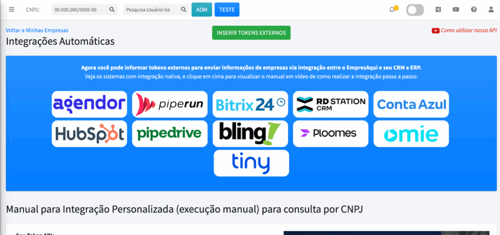 Integrações de CRM disponíveis na plataforma EmpresAqui Tela da plataforma EmpresAqui mostrando integrações com ferramentas de CRM presentes no EmpresAqui