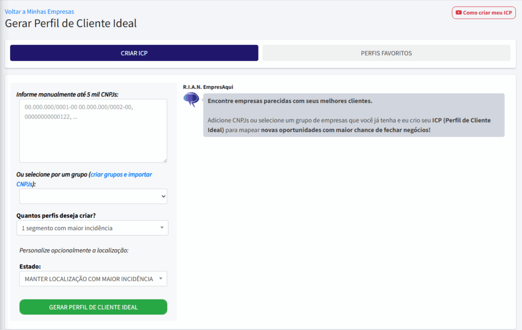 Tela da ferramenta ICP do EmpresAqui com opção de criar perfis a partir de listas de empresas
