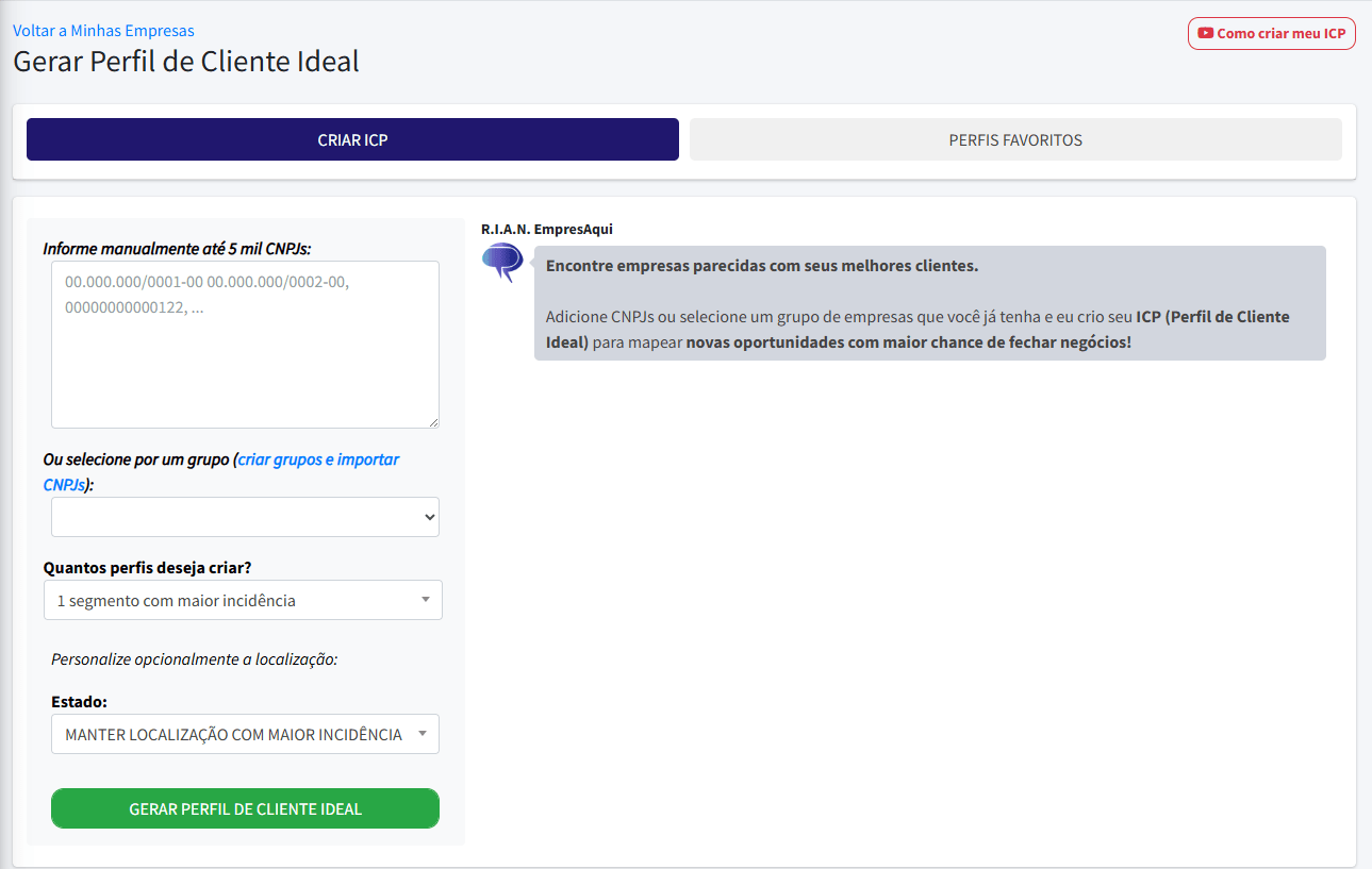 Ferramenta Perfil do Cliente Ideal EmpresAqui Tela da ferramenta ICP do EmpresAqui com opção de criar perfis a partir de listas de empresas