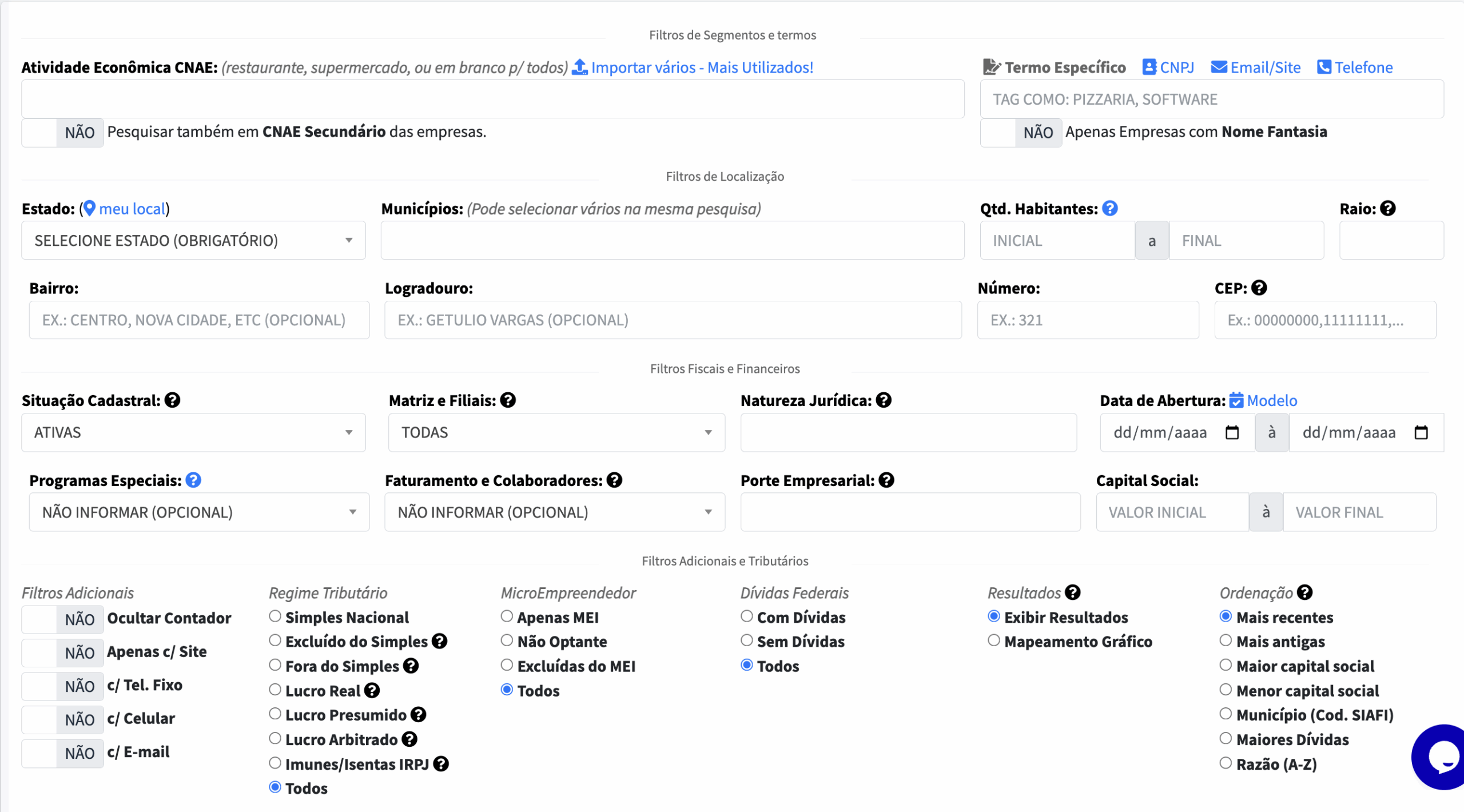 Tela de Pesquisa por Filtros da plataforma EmpresAqui Tela da plataforma EmpresAqui exibindo filtros avançados para segmentação de empresas por CNAE, porte, faturamento, localização, regime tributário e outras informações cadastrais.