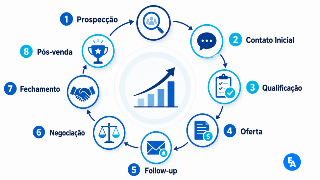 Infográfico circular do ciclo de vendas B2B com 8 etapas em português