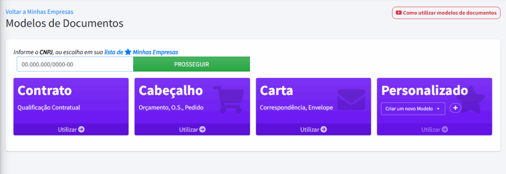 Tela da funcionalidade de modelos de documentos da plataforma EmpresAqui com recursos para criação e gestão de contratos, recibos e documentos