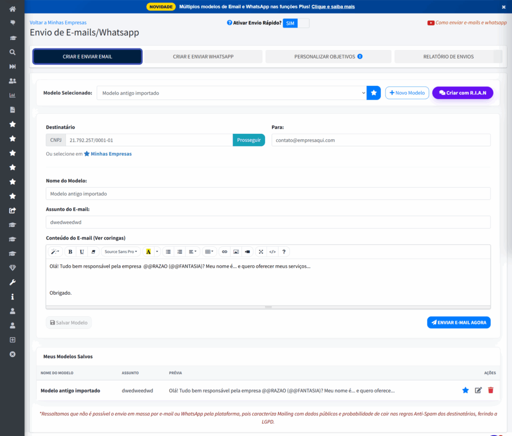 Tela da plataforma EmpresAqui mostrando a criação de modelos de e-mail personalizados com suporte do R.I.A.N. para prospecção comercial.