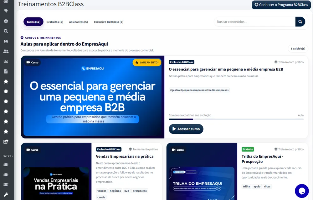 Tela de treinamentos e cursos do B2BClass
