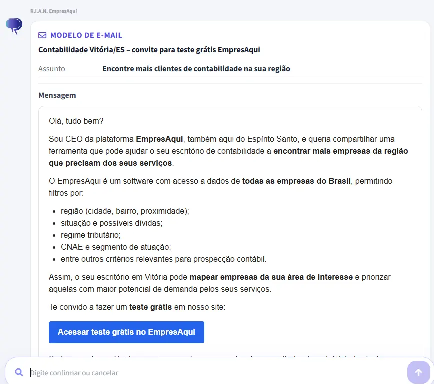 RIAN criando modelo de e-mail para um grupo de empresas