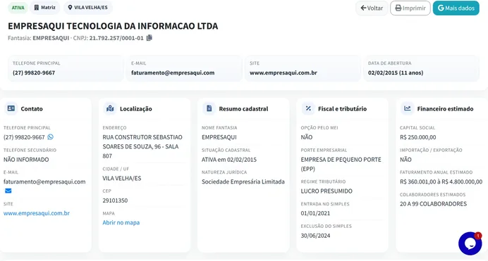 Exemplo de resultado de consulta CNPJ no EmpresAqui mostrando contato, localização, resumo cadastral, dados fiscais e financeiros